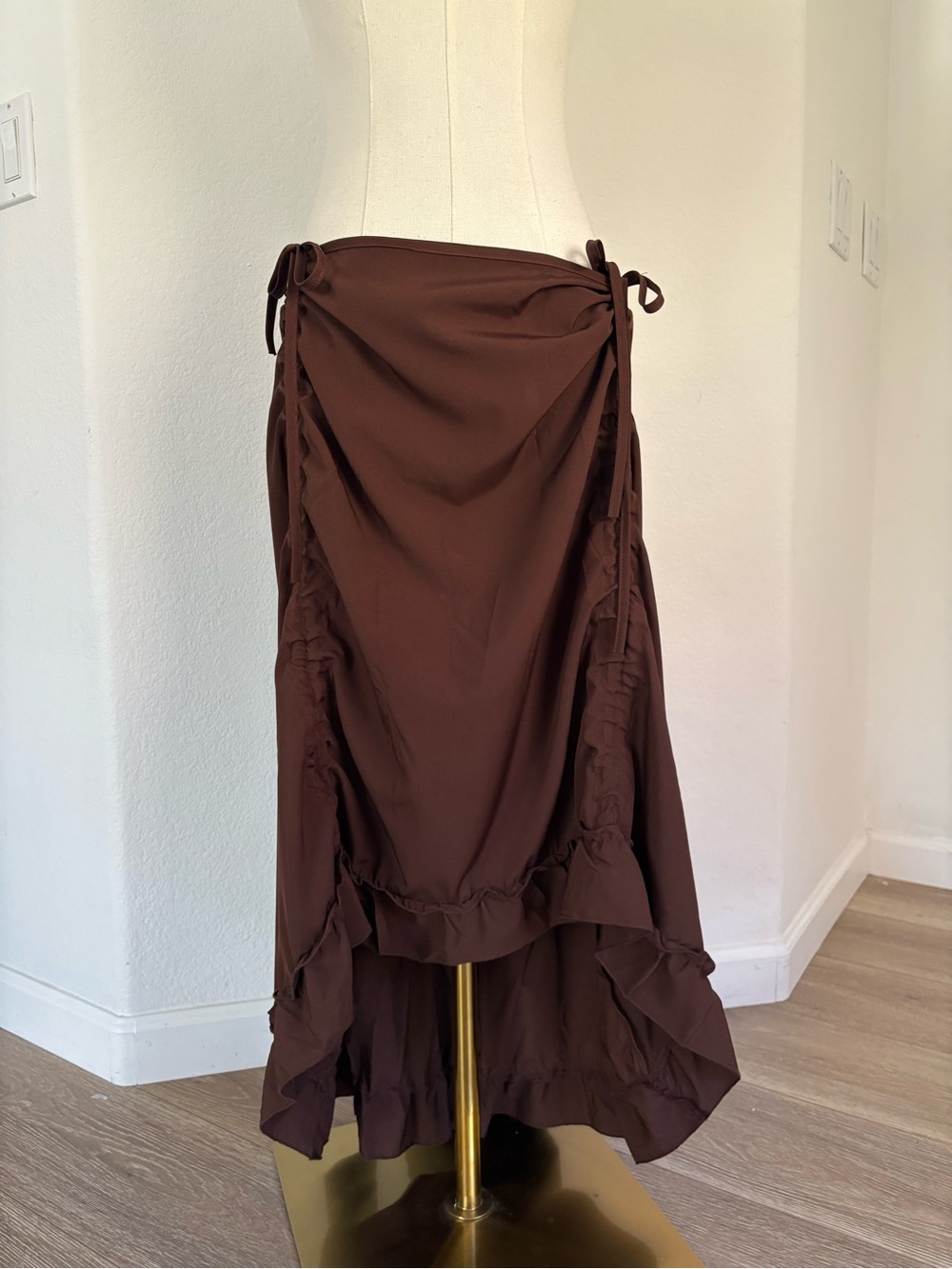 Brown Ruffle High-Low Tie-Side Skirt